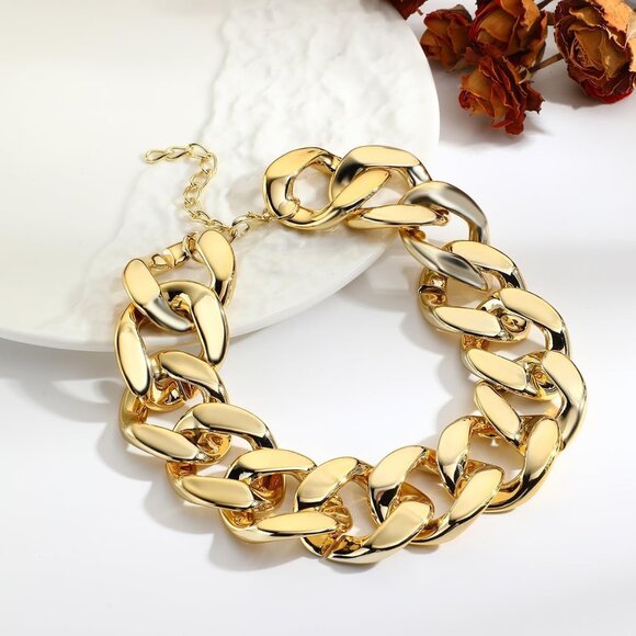 Acrylic Gold Chunky Chain Necklace Earrings Set for Women,Punk Short Thick Wide - Picture 7 of 9